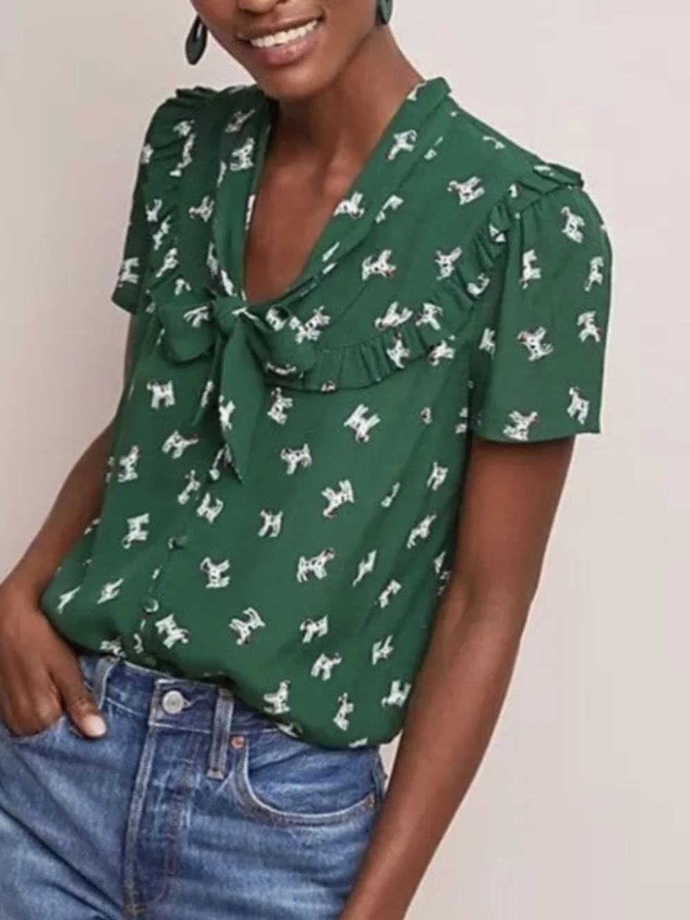 Maeve by Anthropology Dog Ruffled Green Blouse Short Sleeve Button Up, Sz S